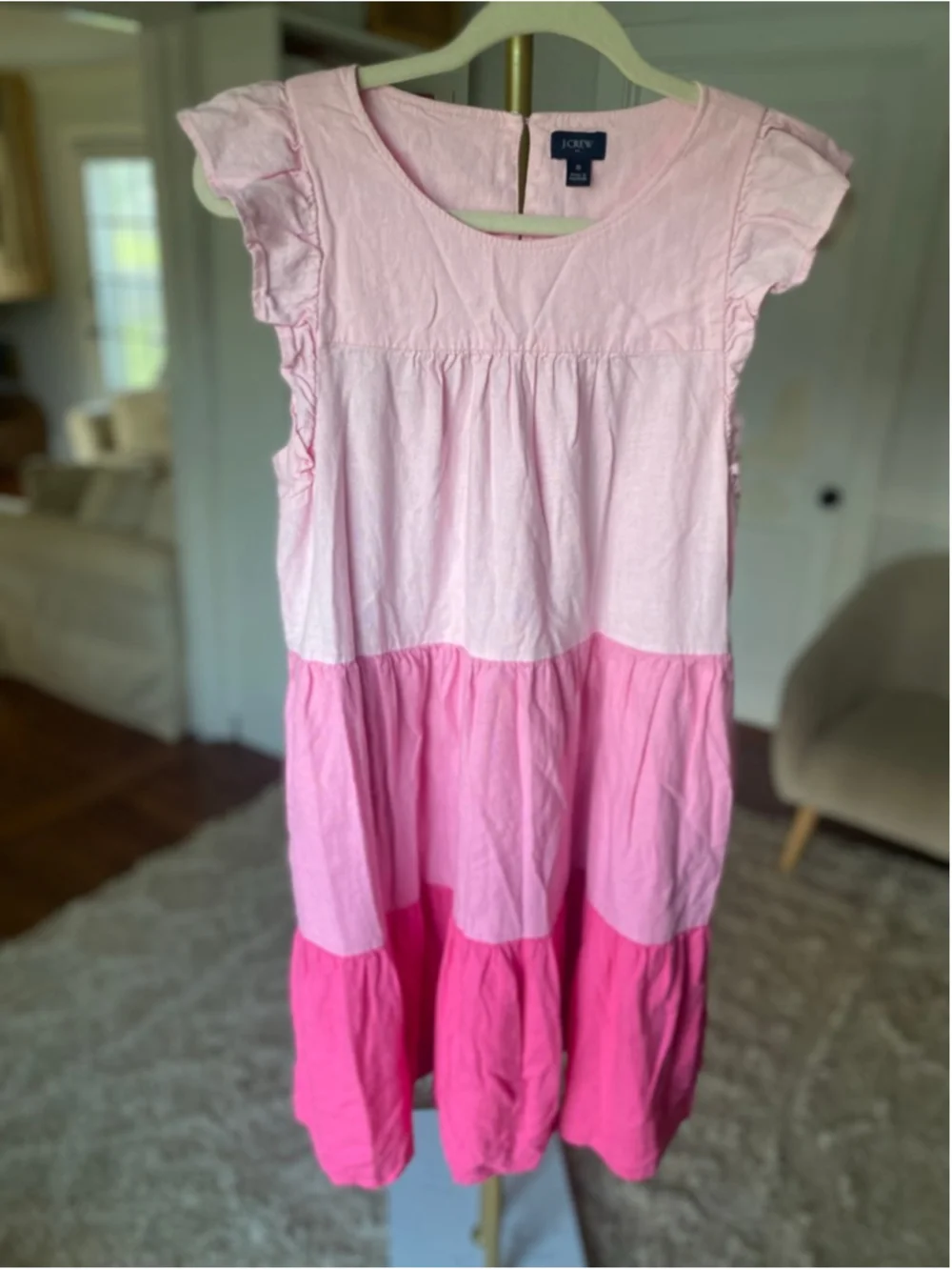 J.Crew Pink‎ Colorblock Linen Dress Ruffle Sleeve Tiered 8 Preppy Quiet Luxury